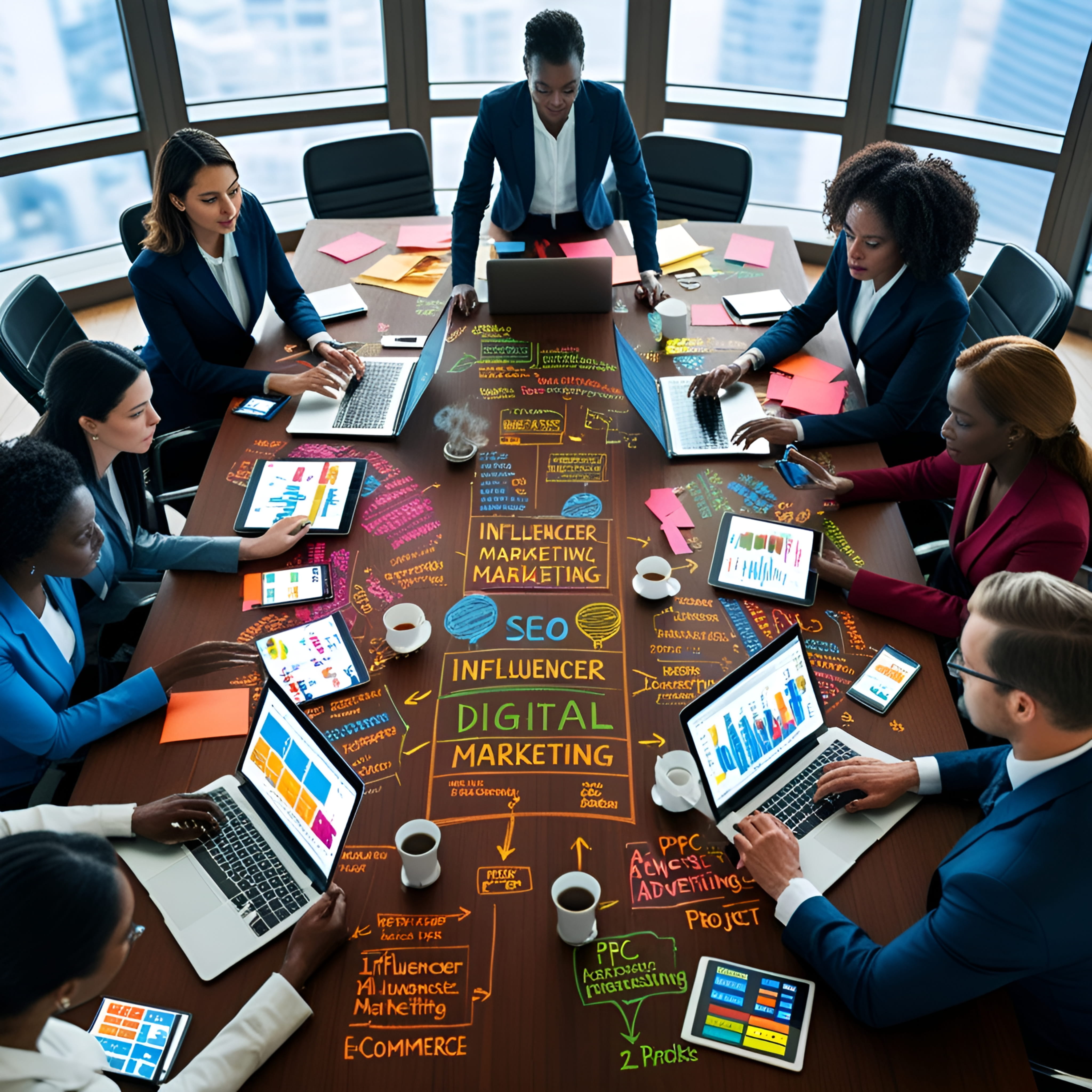 Social media marketing showing content scheduling, audience engagement, and brand growth metrics